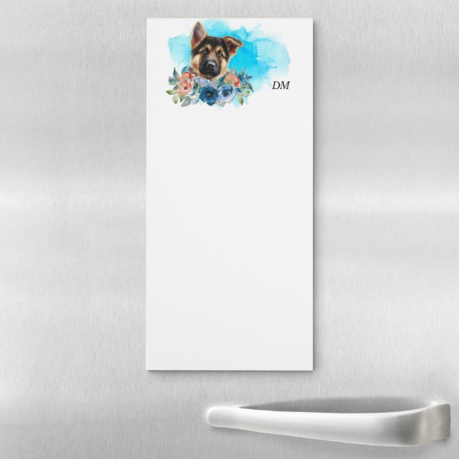 German Shepherd Puppy Blue Floral Wreath Magnetic Notepad (In Situ)