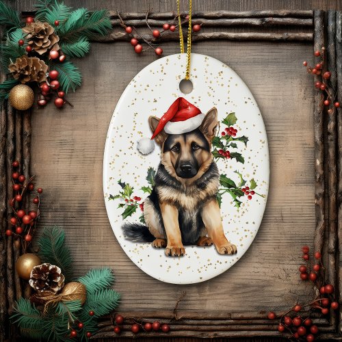 German Shepherd Puppy Christmas Holly Ceramic Ornament