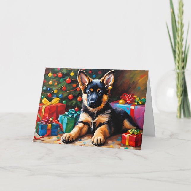 German Shepherd Puppy, Christmas Tree, Presents  Holiday Card (Front)