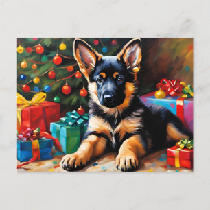 German Shepherd Puppy, Christmas Tree, Presents Holiday Postcard