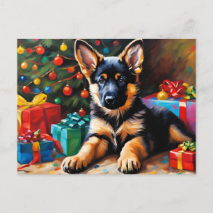 German Shepherd Puppy, Christmas Tree, Presents Holiday Postcard