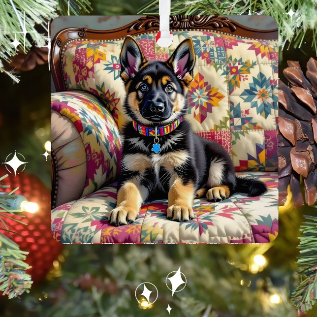 German Shepherd Puppy Dog Personalized Christmas Metal Ornament (Creator Uploaded)
