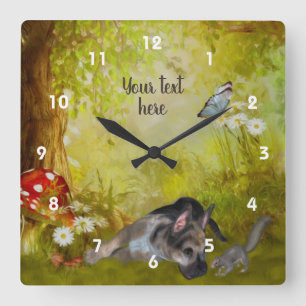 German Shepherd Puppy Fantasy Personalized Square Wall Clock