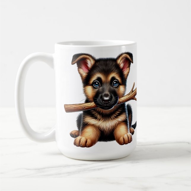 German Shepherd Puppy Holding a Stick in Its Mouth Coffee Mug (Left)