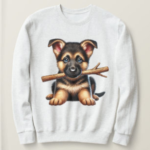 German Shepherd Puppy Holding a Stick in Its Mouth Sweatshirt