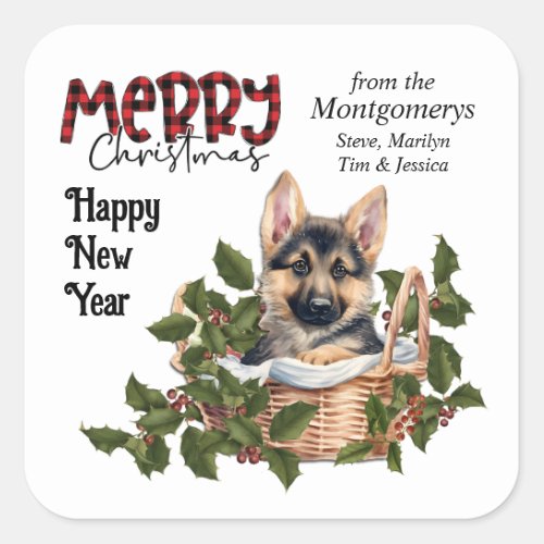 German Shepherd Puppy Holly Basket Christmas Square Sticker