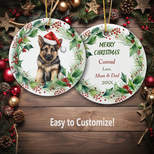  German Shepherd Puppy Holly Wreath Christmas Ceramic Ornament