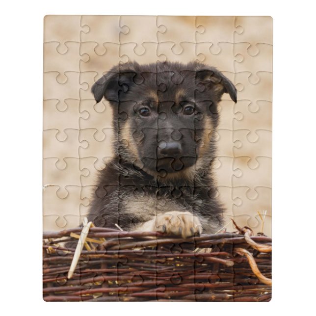 German Shepherd Puppy In Basket Jigsaw Puzzle (Puzzle Vertical)