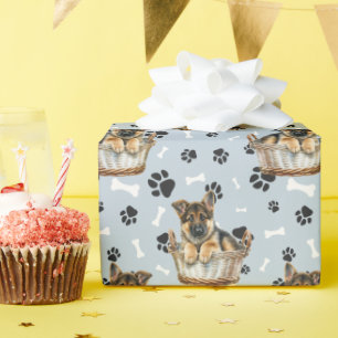 German Shepherd Puppy in Basket Paw Print Wrapping Paper