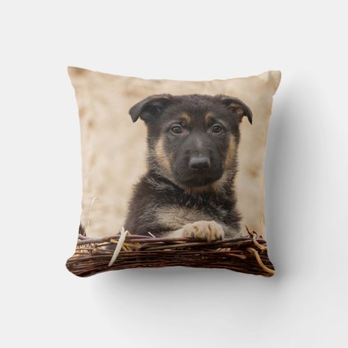 German Shepherd Puppy In Basket Throw Pillow