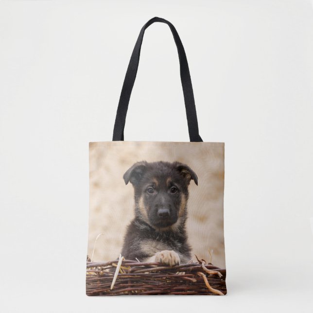 German Shepherd Puppy In Basket Tote Bag (Front)