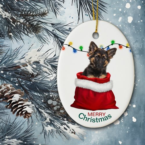 German Shepherd Puppy in Gift Bag Christmas Ceramic Ornament