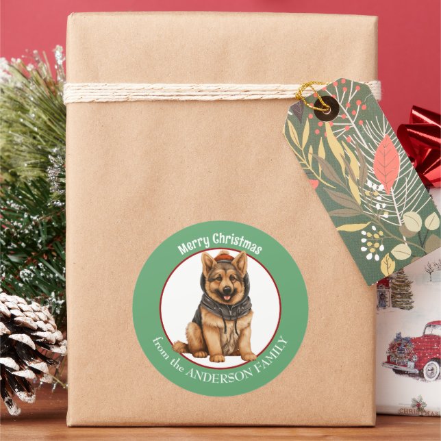 German Shepherd Puppy in Leather Jacket Christmas Classic Round Sticker (Holiday)
