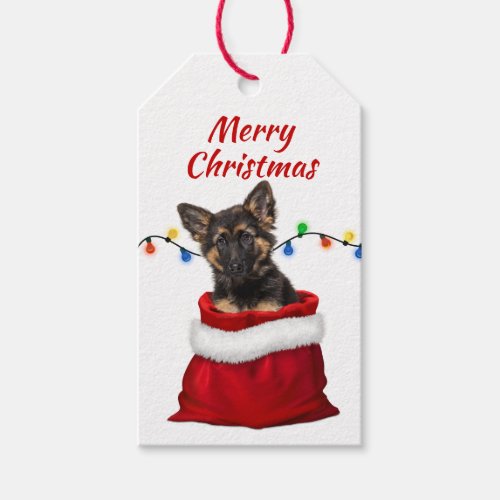 German Shepherd Puppy in Santa Bag Gift Tags
