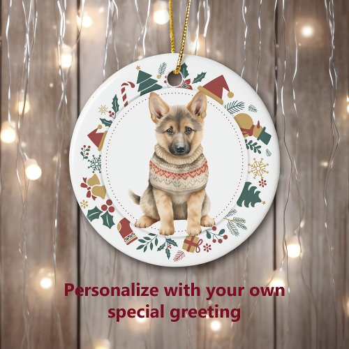 German Shepherd Puppy in Winter Sweater Christmas Ceramic Ornament