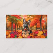 German Shepherd Puppy Playing in Autumn Leaves Business Card