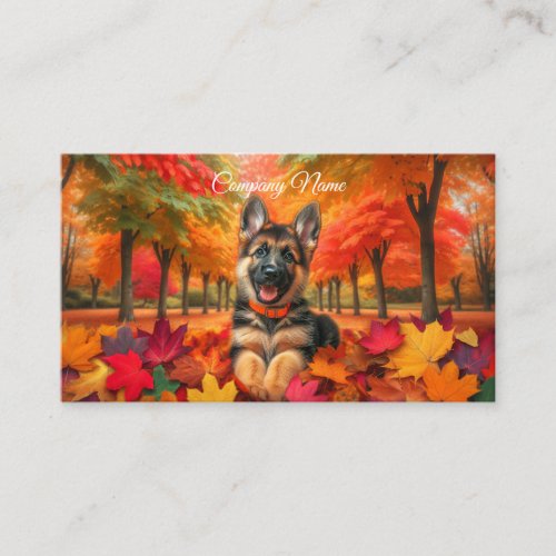 German Shepherd Puppy Playing in Autumn Leaves Business Card