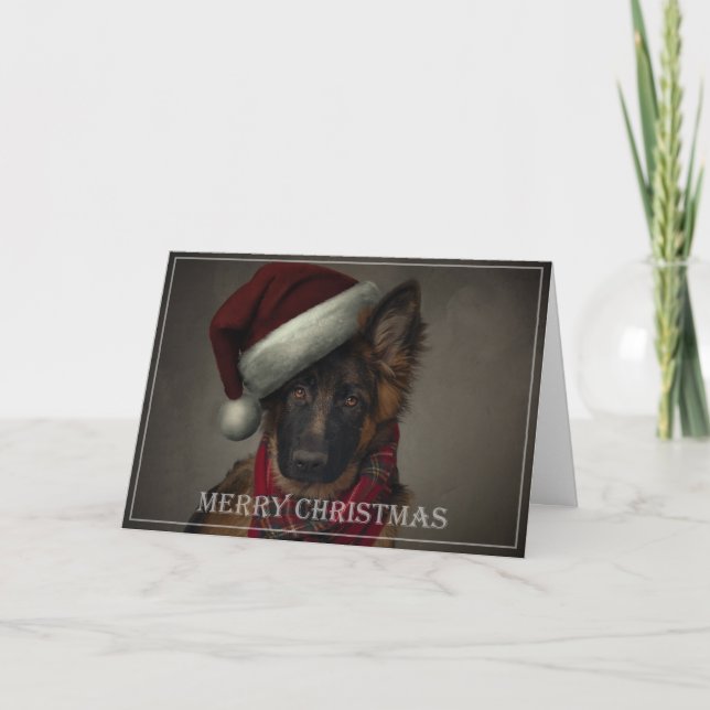 German shepherd puppy santa holiday card. (Front)