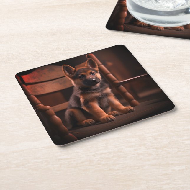 German Shepherd Puppy Square Paper Coaster (Angled)