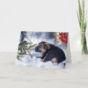 German Shepherd Puppy with Watercolor Poinsettia Card