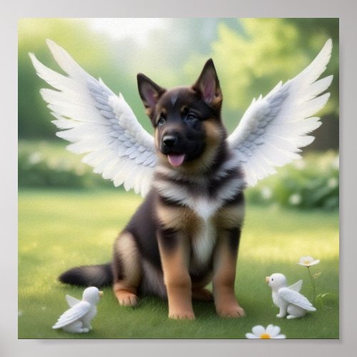 German Shepherd puppy with wings like an angel Poster