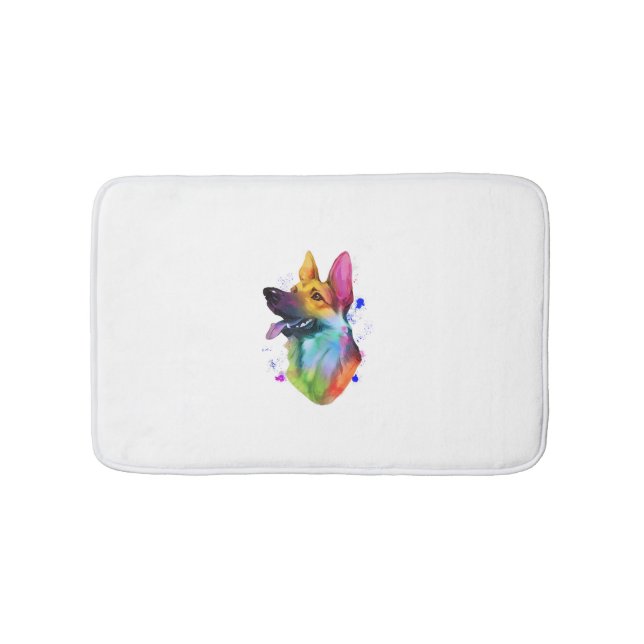 German Shepherd Rainbow Watercolor Paint Splatter  Bath Mat (Front)