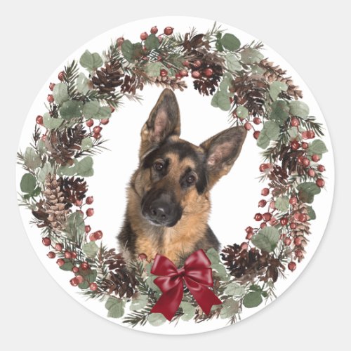 German Shepherd Red Bow Pinecone Wreath Christmas Classic Round Sticker