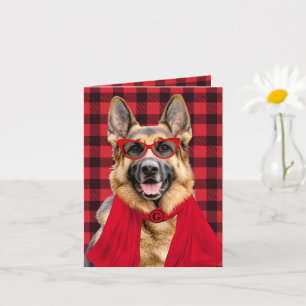 German Shepherd Red Buffalo Plaid Monogrammed Card