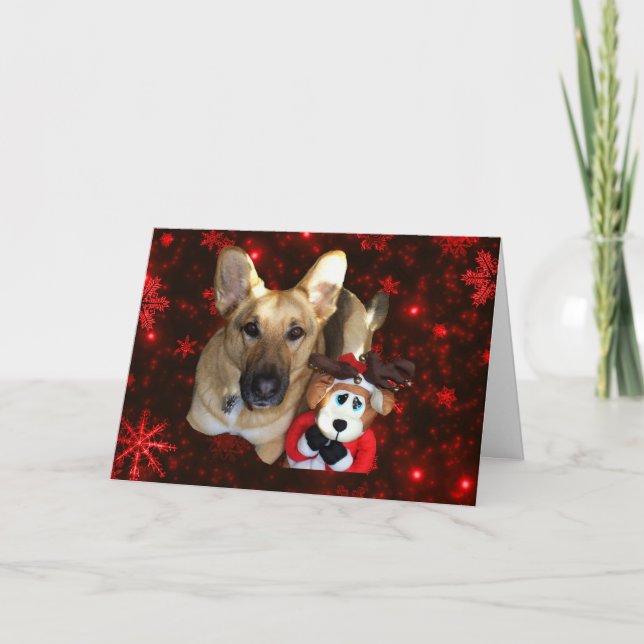 German Shepherd & Reindeer Deep Red Snowflake Holiday Card (Front)