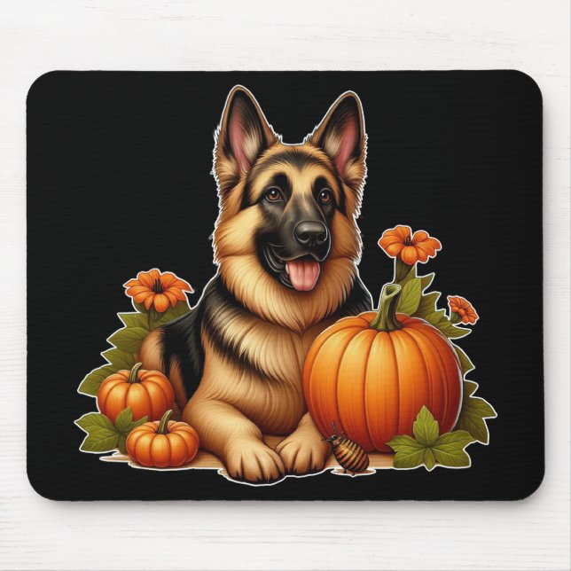 German Shepherd Resting With Pumpkins and Flowers Mouse Pad (Front)
