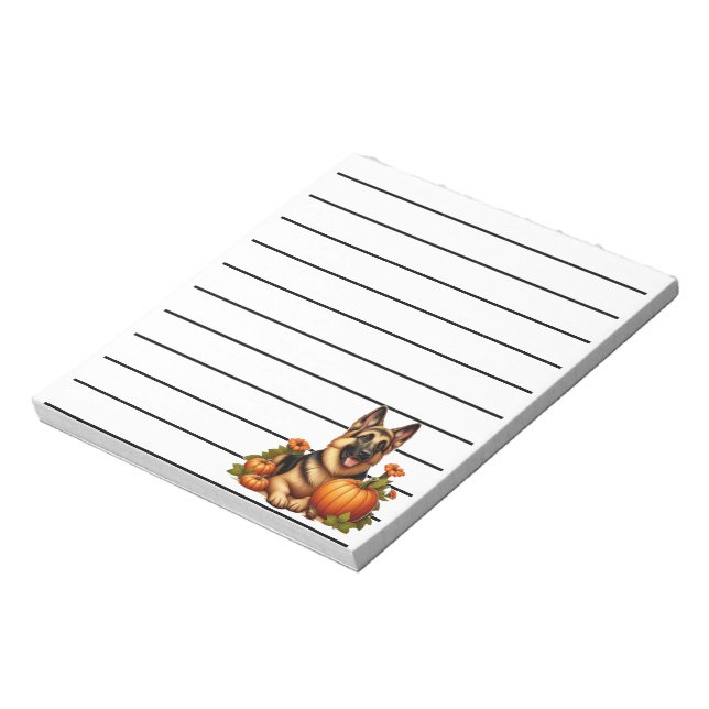 German Shepherd Resting With Pumpkins and Flowers Notepad (Rotated)