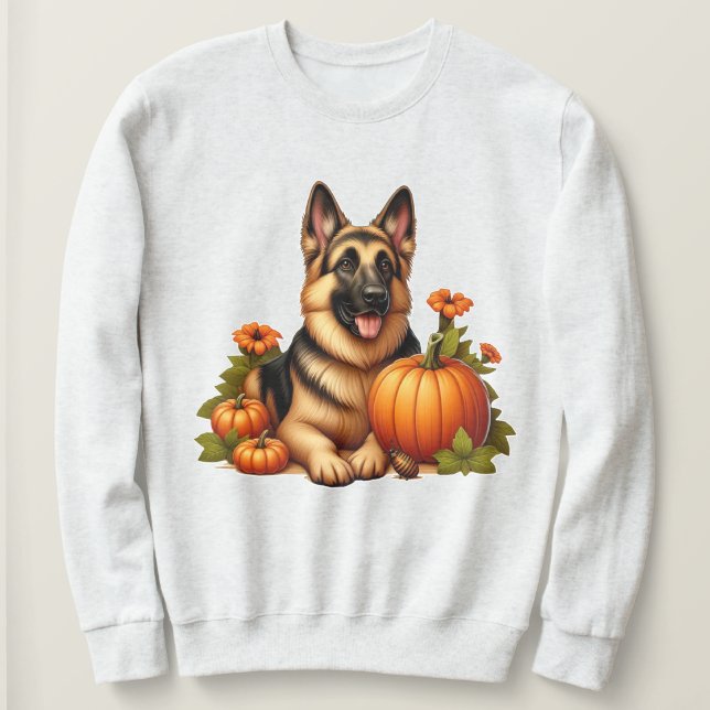 German Shepherd Resting With Pumpkins and Flowers Sweatshirt (Design Front)