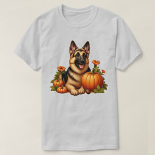 German Shepherd Resting With Pumpkins and Flowers T-Shirt