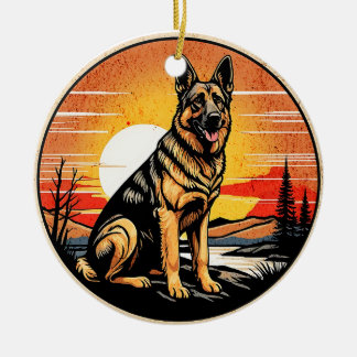 German Shepherd Retro Sunset Dog Lover Ceramic Ornament