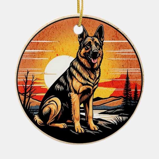 German Shepherd Retro Sunset Dog Lover Ceramic Ornament (Front)