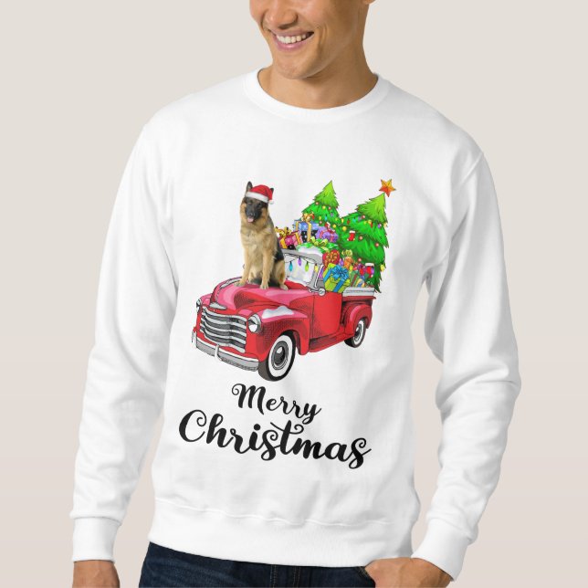 German shepherd Ride Red Truck Christmas Pajama Sweatshirt (Front)