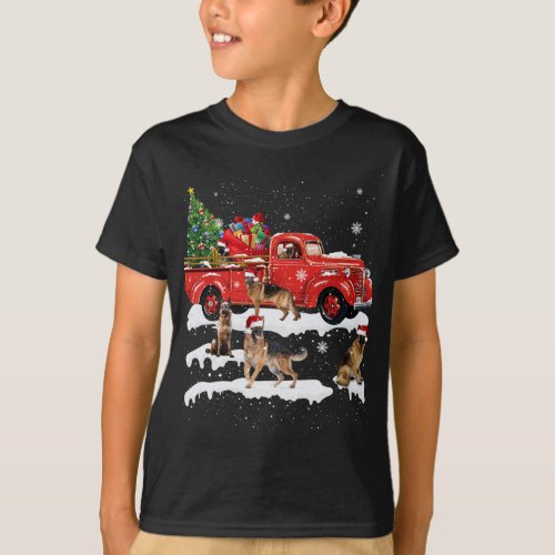 German Shepherd Riding Red Truck Merry Christmas X T_Shirt