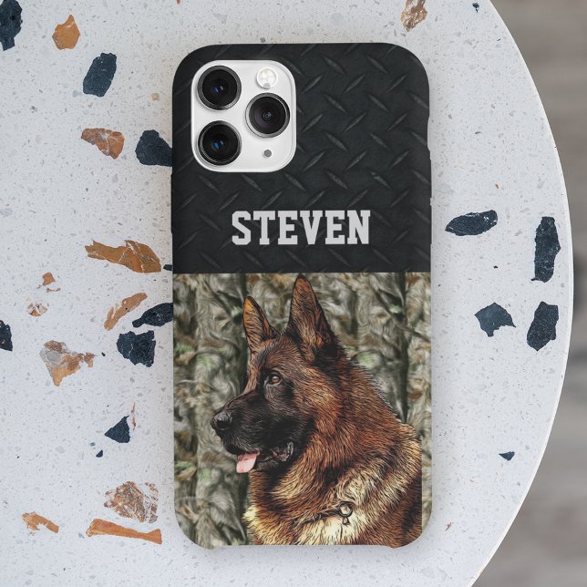 German Shepherd Rugged Camo Name Cool Dog Anima Case-Mate iPhone Case (German shepherd dog phone case. Rugged camo and diamond plate.)