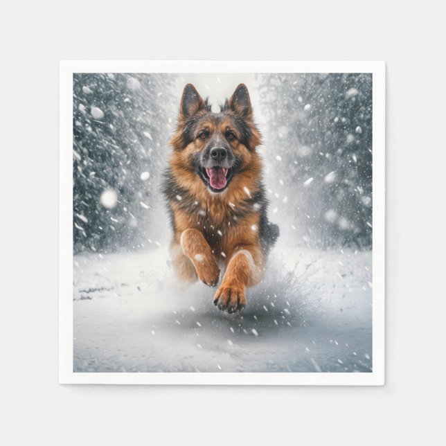 German Shepherd Running In Snow Napkins (Front)