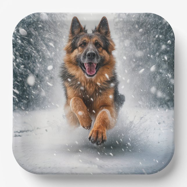 German Shepherd Running In Snow Paper Plates (Front)