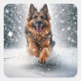 German Shepherd Running In Snow Square Sticker