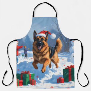 German Shepherd Running in Snow with Christmas Hat Apron