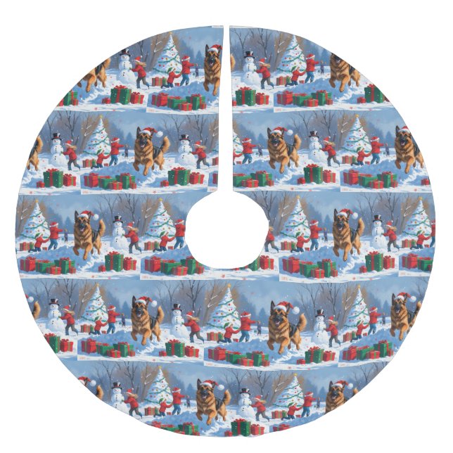 German Shepherd Running in Snow with Christmas Hat Brushed Polyester Tree Skirt (Front)