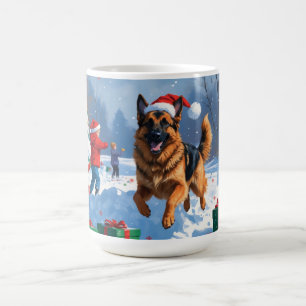 German Shepherd Running in Snow with Christmas Hat Coffee Mug