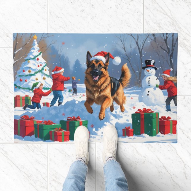 German Shepherd Running in Snow with Christmas Hat Doormat (Indoor)