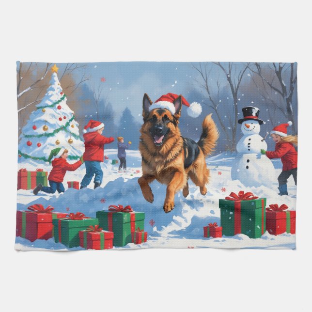 German Shepherd Running in Snow with Christmas Hat Kitchen Towel (Horizontal)