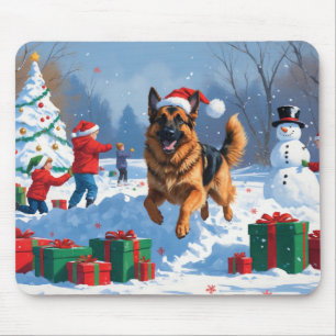 German Shepherd Running in Snow with Christmas Hat Mouse Pad
