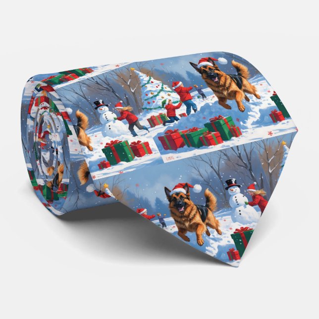 German Shepherd Running in Snow with Christmas Hat Neck Tie (Rolled)