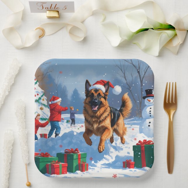 German Shepherd Running in Snow with Christmas Hat Paper Plates (Wedding)