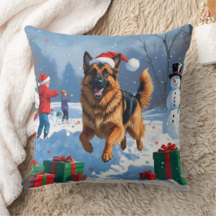 German Shepherd Running in Snow with Christmas Hat Throw Pillow